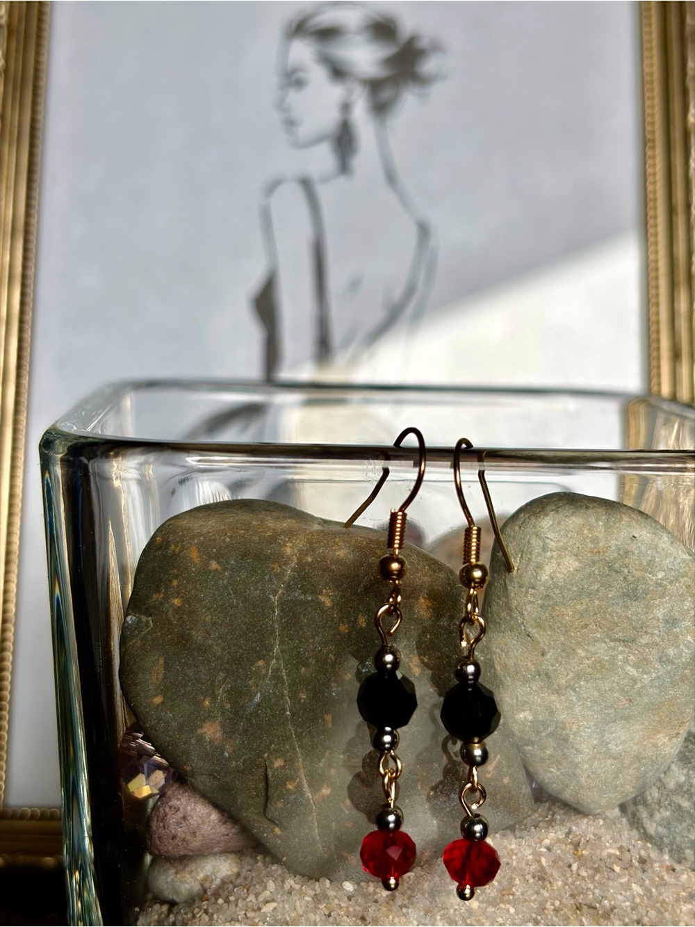 Gold-Tone Black & Red Crystal Drop Earrings - Unbranded